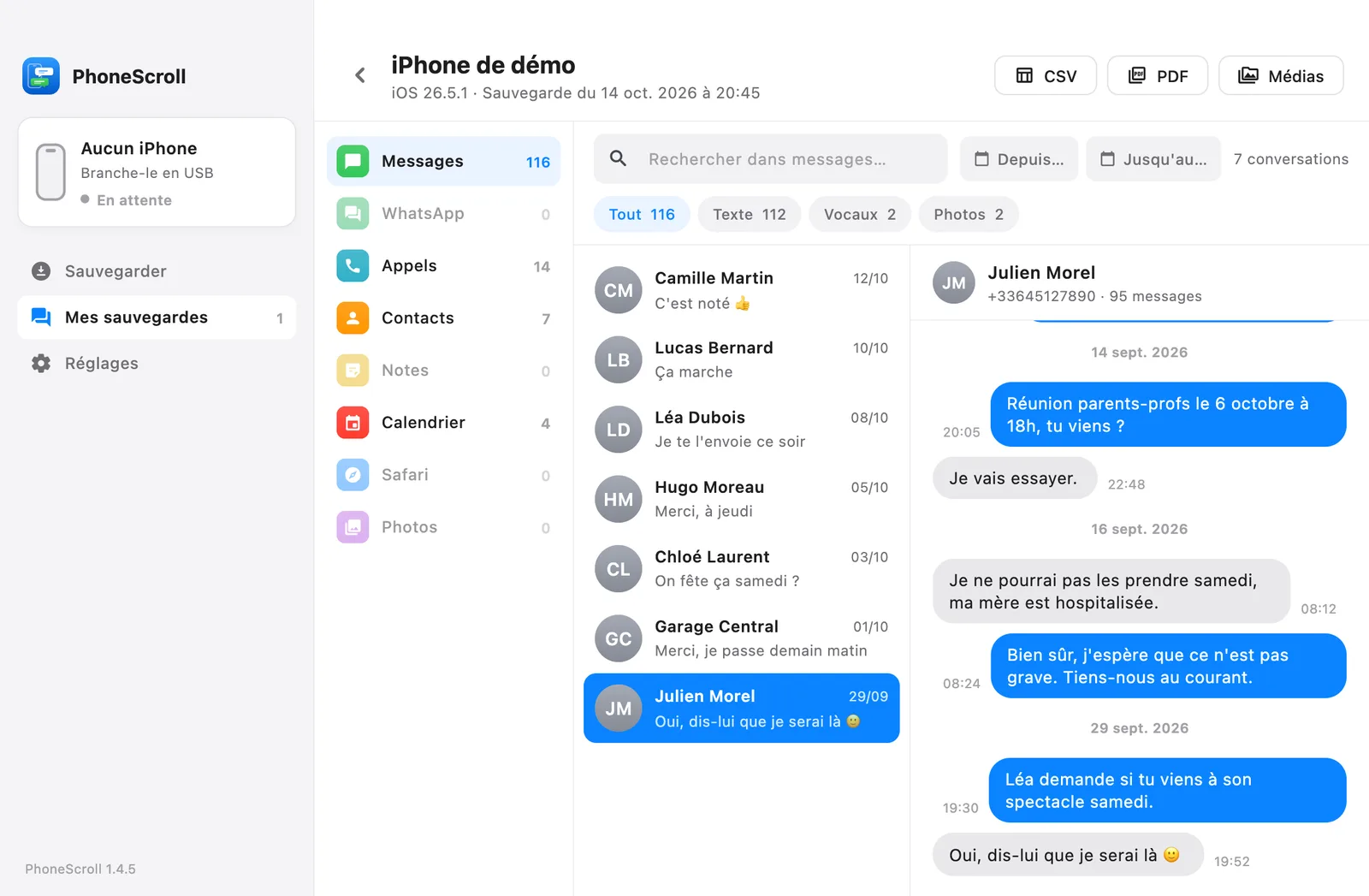 The conversation with Julien Morel open in PhoneScroll, with the CSV, PDF and Media buttons