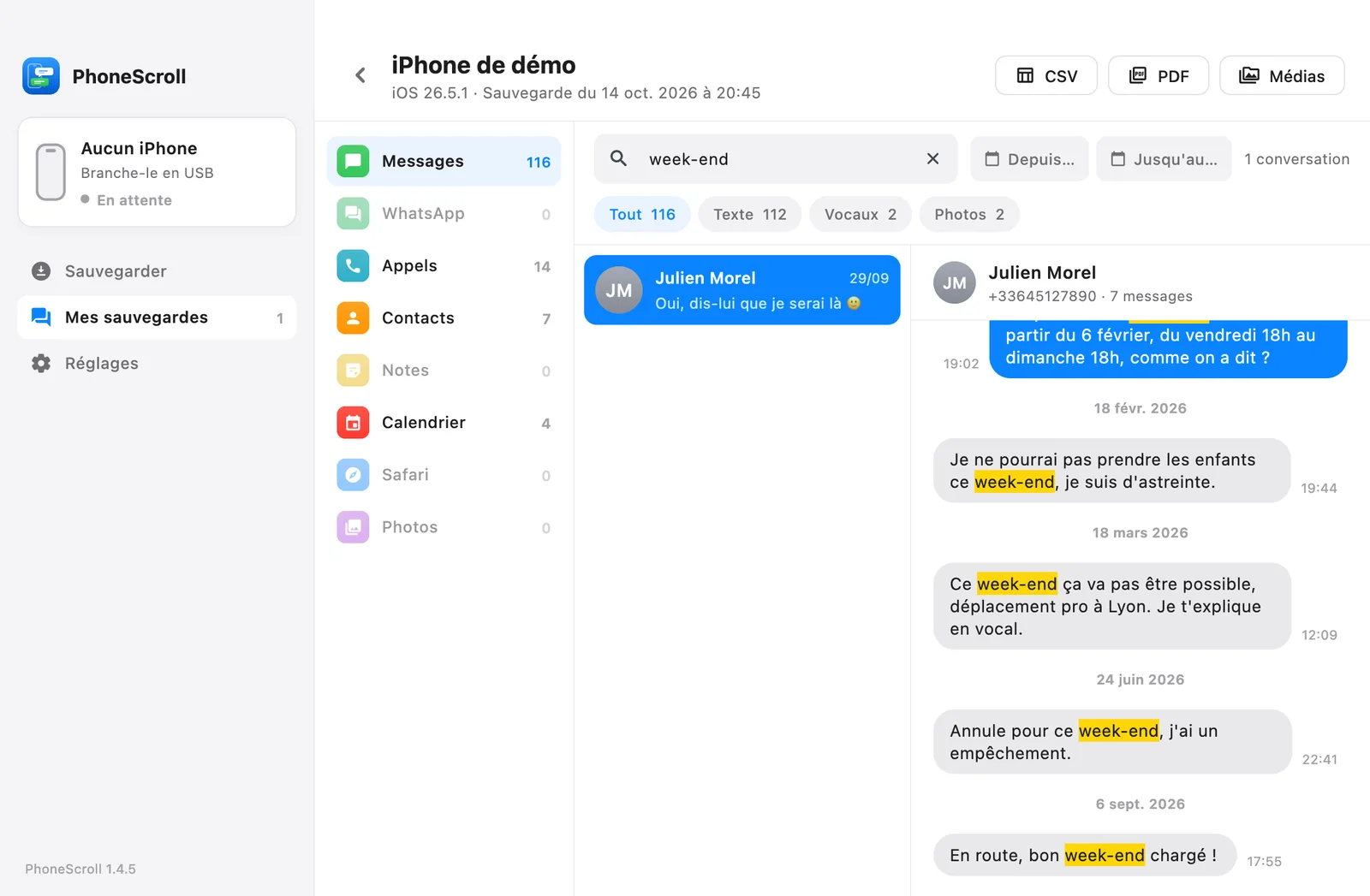 Searching for « week-end » in the conversation: the cancellation messages appear with their date