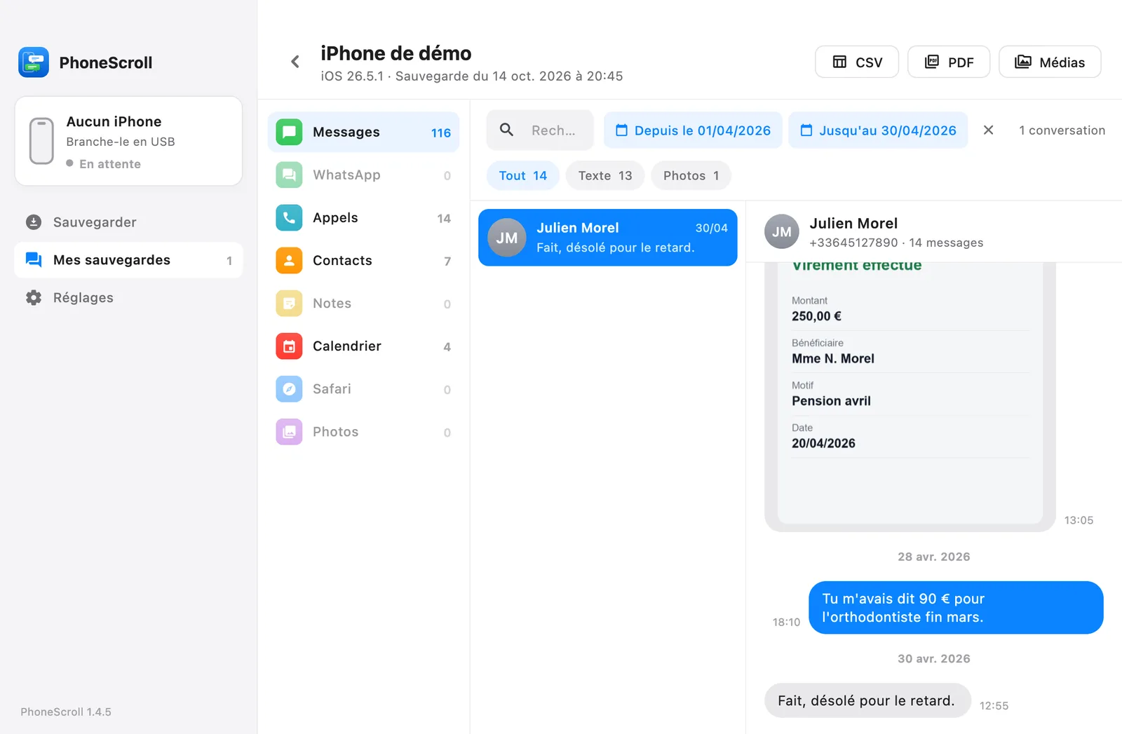Filter from April 1 to 30, 2026: the screenshot of a child support transfer and the messages around it