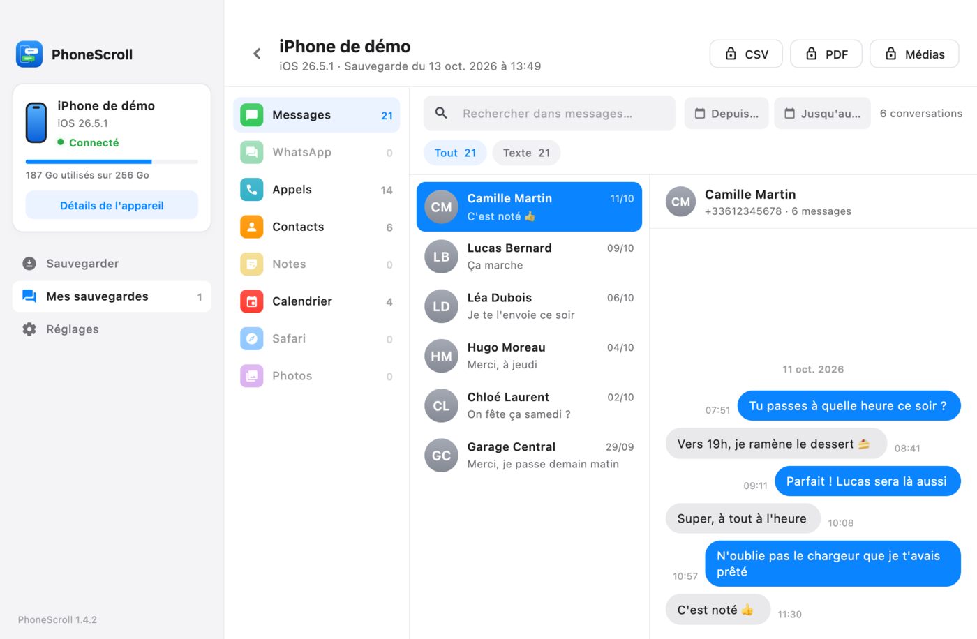Conversation affichée dans PhoneScroll, avec les boutons d'export CSV, PDF et Médias